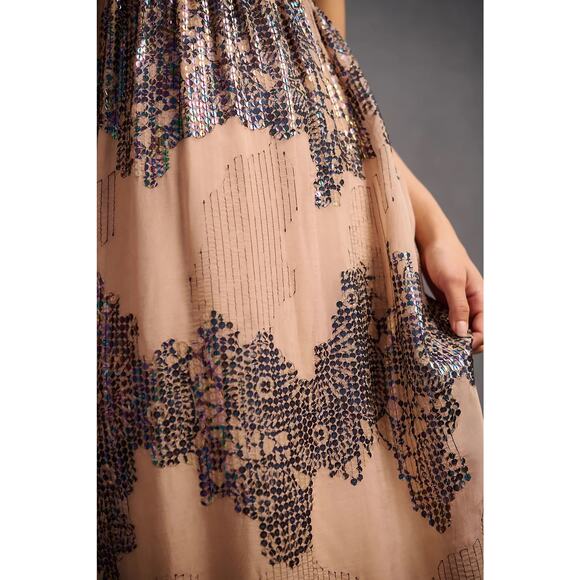 Anthropologie Let Me Be Deep-V Sequined Maxi Dress Size Medium Glam Coquette - Picture 4 of 11